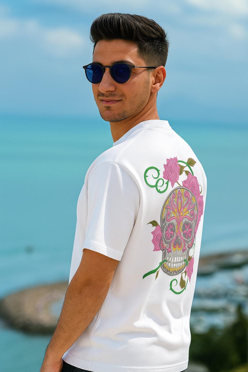 💀 Level UP | تيشورت Sugar Skull & Roses (ستايل مكسيكي – طباعة Sublimation)